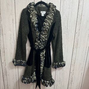 Aris A. Elegant Black and Gray Ruffled Cardigan